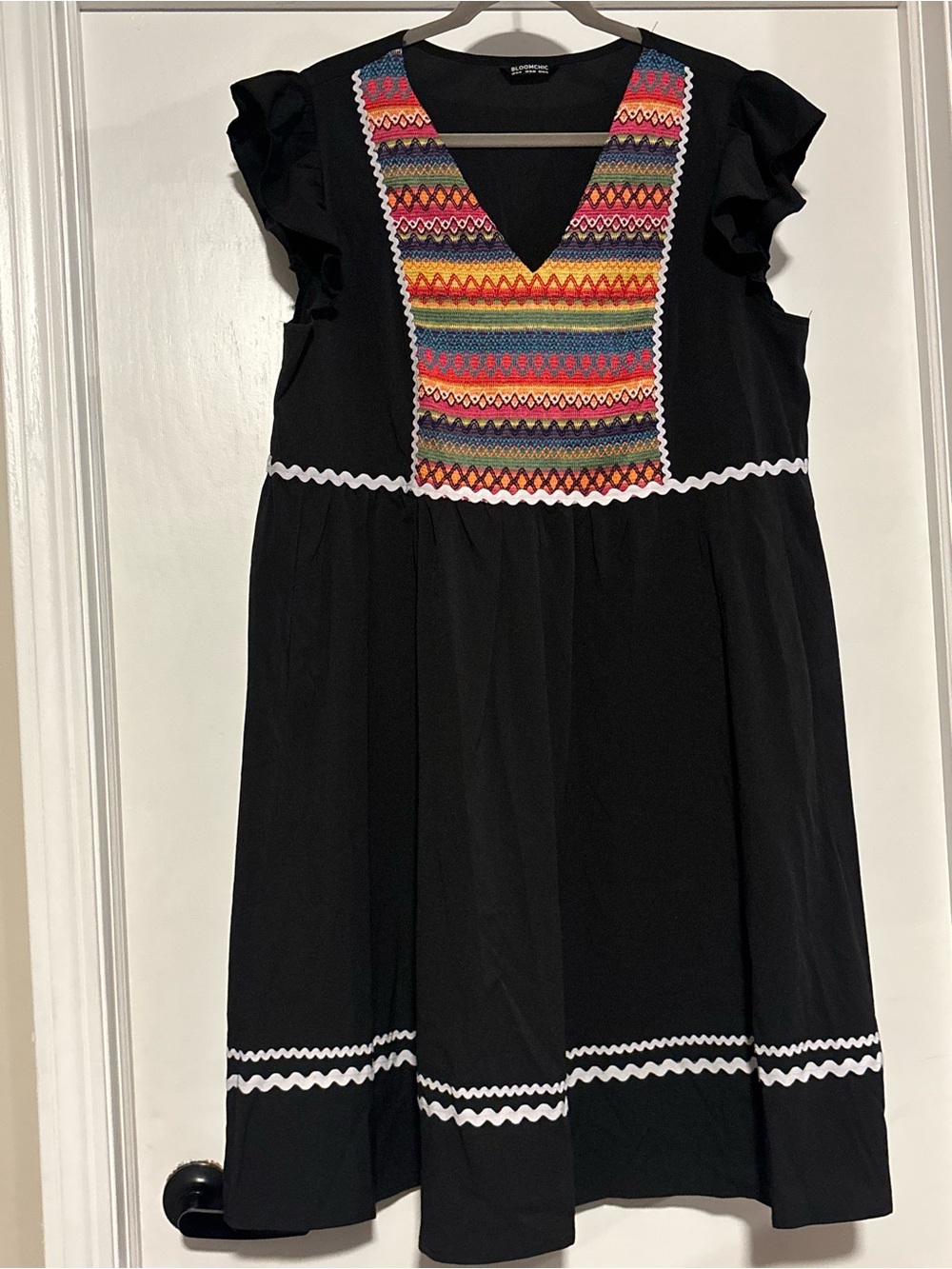 ⭐️BloomChic Black Dress with Colorful Embroidered V-Neck
